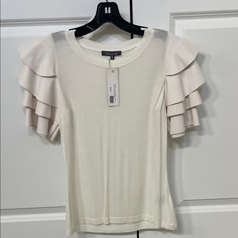 Gracia off white Short Sleeve Top with Layered faux leather Ruffle Sleeves